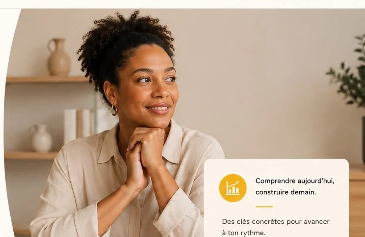 Une femme souriante, le menton dans la main, regarde au loin